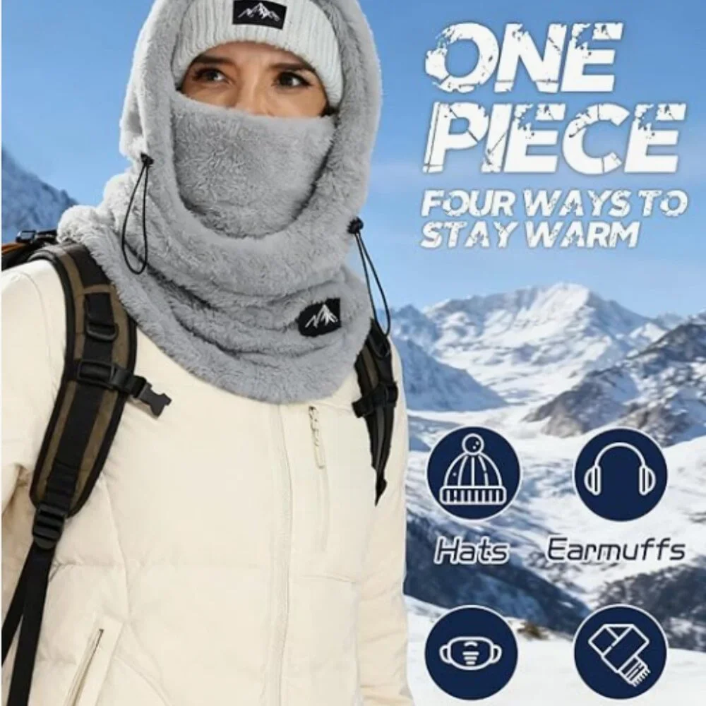 Mountain Logo Grey Plush Face Mask Hood - Women’s Winter Face Covering